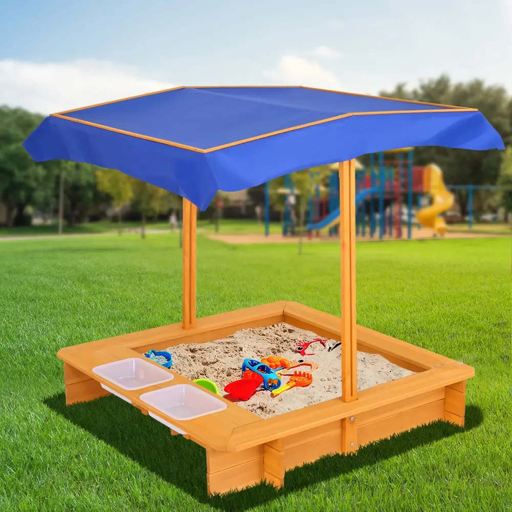 Keezi Kids Sandpit Wooden Sandbox Sand Pit with Canopy Water Basin Toys 103cm - Toys & Games