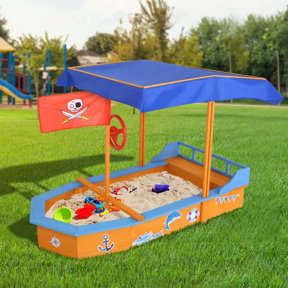 Keezi Kids Sandpit Wooden Boat Sand Pit with Canopy Bench Seat Beach Toys 150cm - Toys & Games
