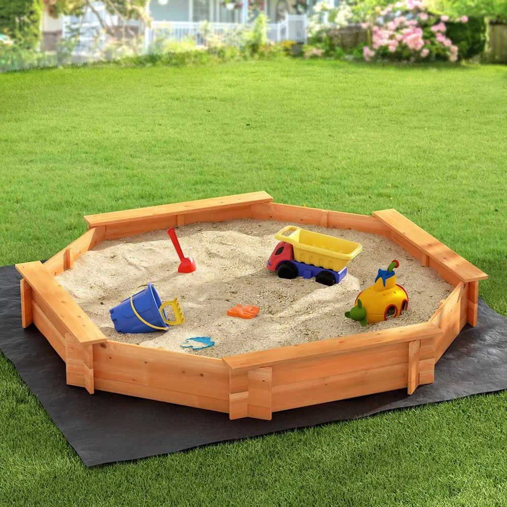 Keezi Kids Sandpit Wooden Round Sand Pit with Cover Bench Seat Beach Toys 182cm - Toys & Games