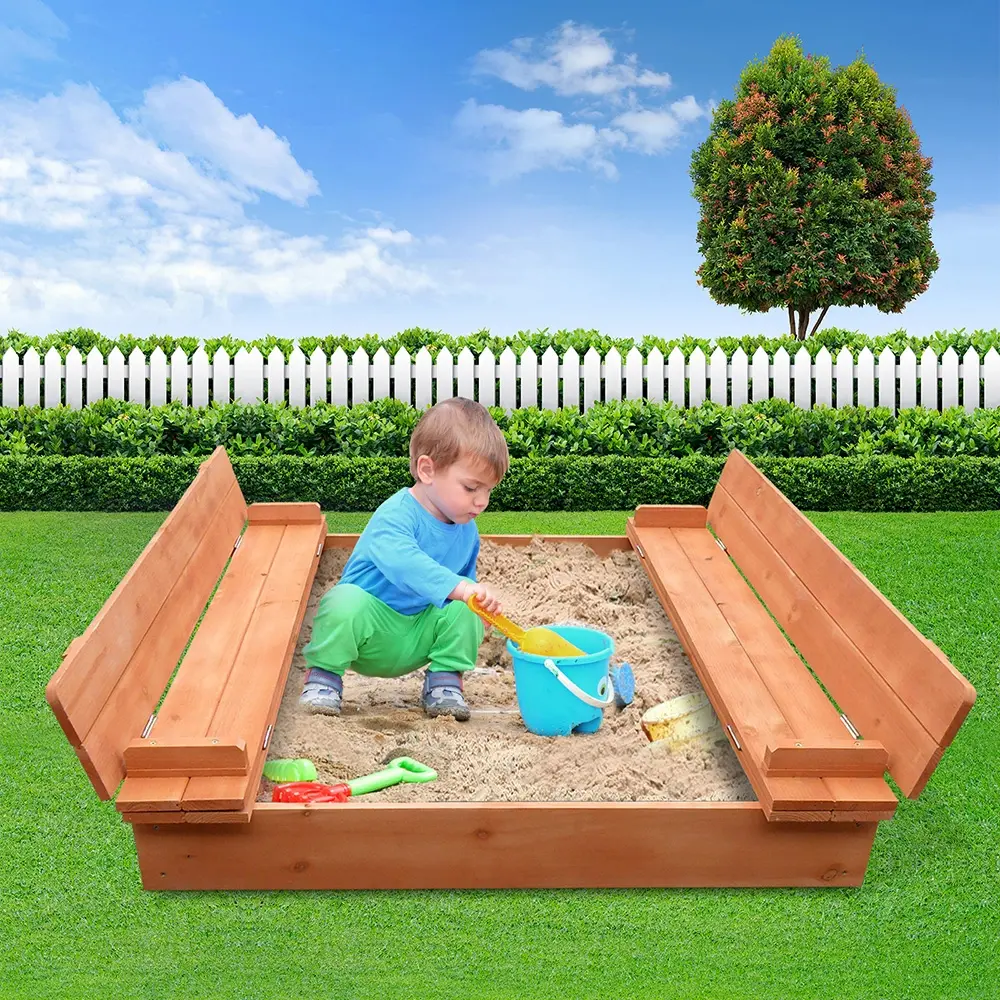 Keezi Kids Sandpit Wooden Sandbox Sand Pit Foldable Seat Outdoor Beach Toys 90cm - Toys & Games