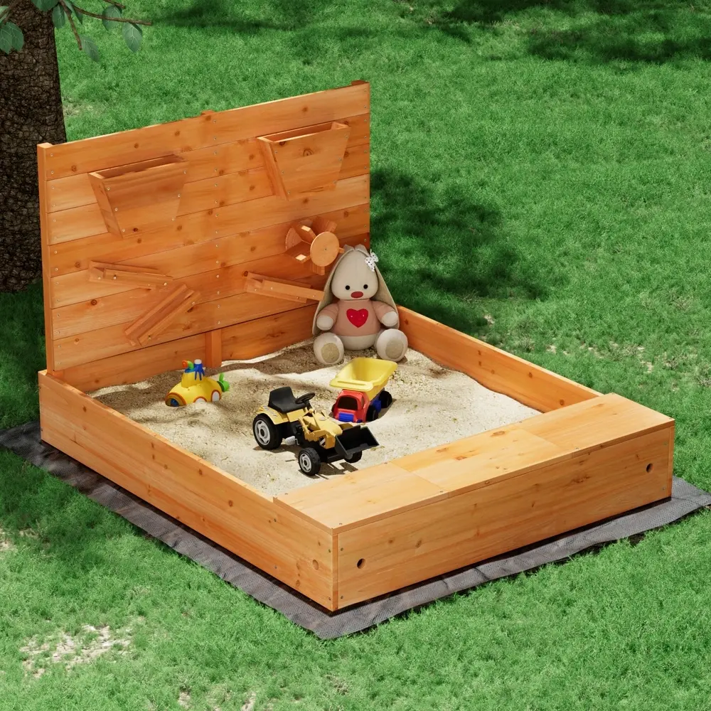 Keezi Kids Sandpit Wooden Sandbox Sand Pit with Cover Funnel Outdoor Toys 120cm - Toys & Games