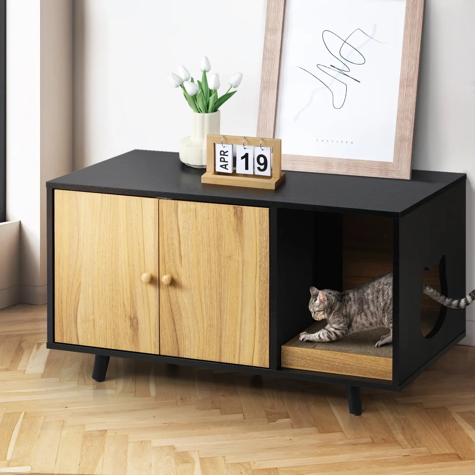 Alopet Cat Litter Box Enclosure Wooden Side Table Storage Cabinet W/ Scratcher - Pets