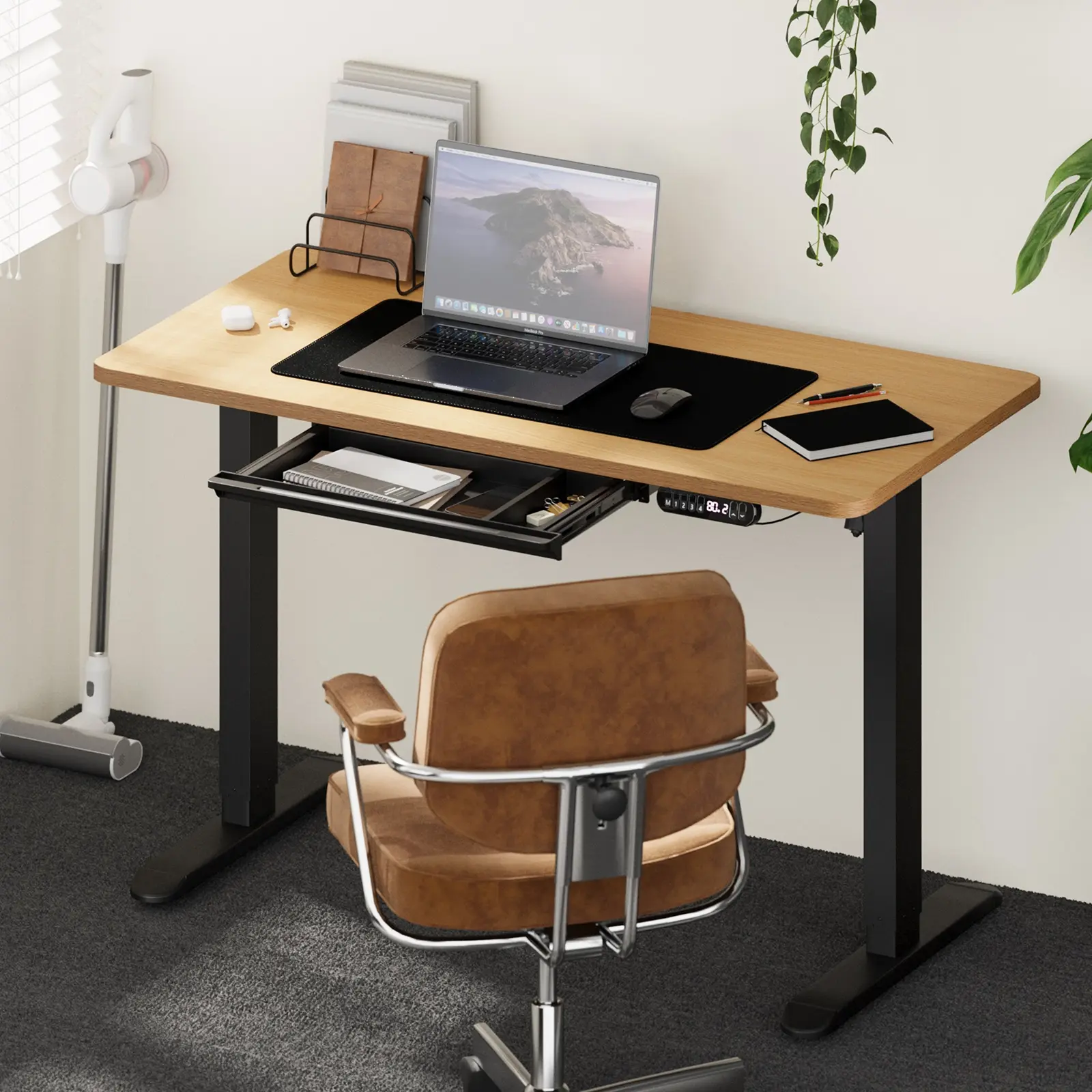 Oikiture 120cm Electric Standing Desk with Drawer Height Adjustable Sit Stand Table Black & Oak - Furniture