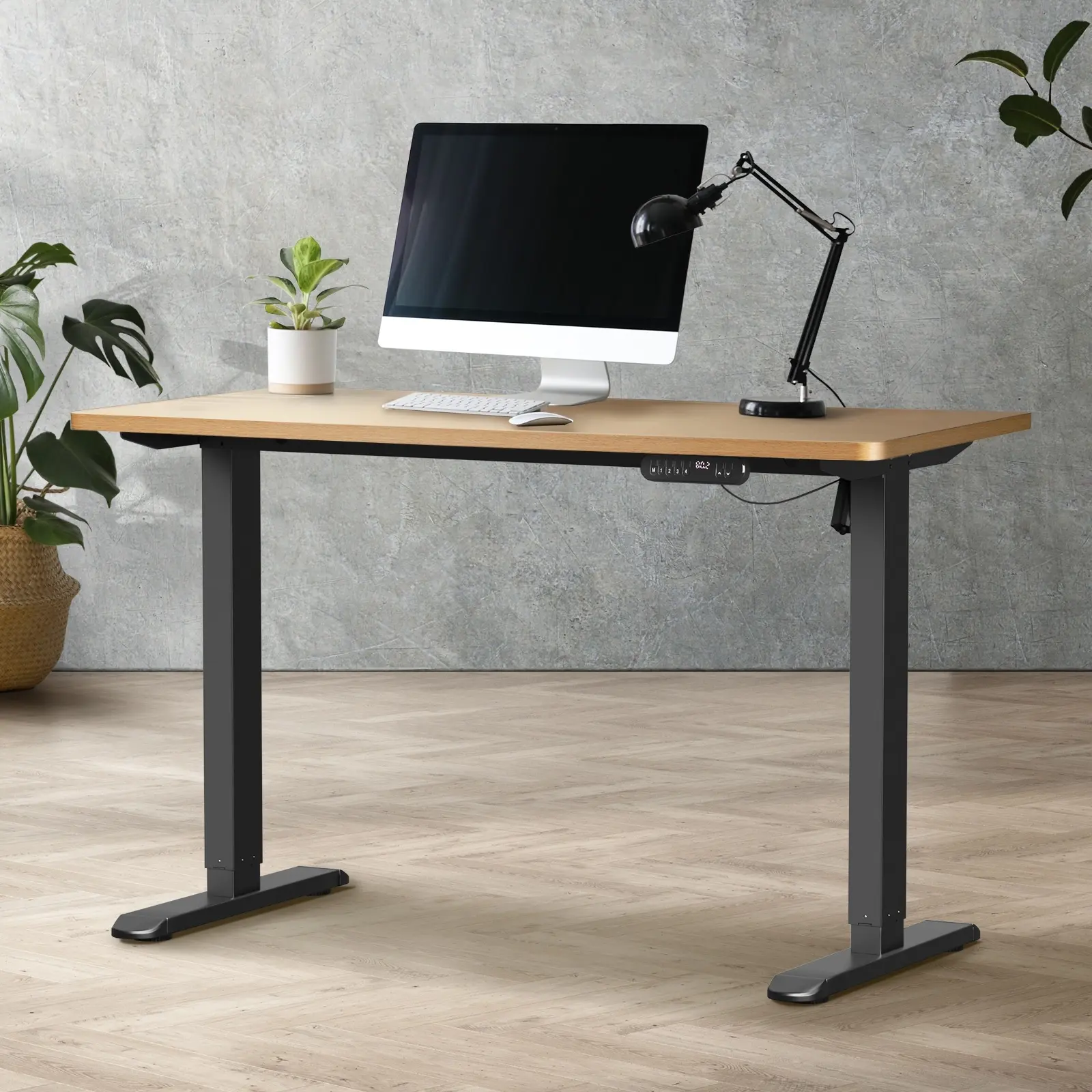 Oikiture 120CM Electric Standing Desk Single Motor Black Frame OAK Tabletop - Furniture