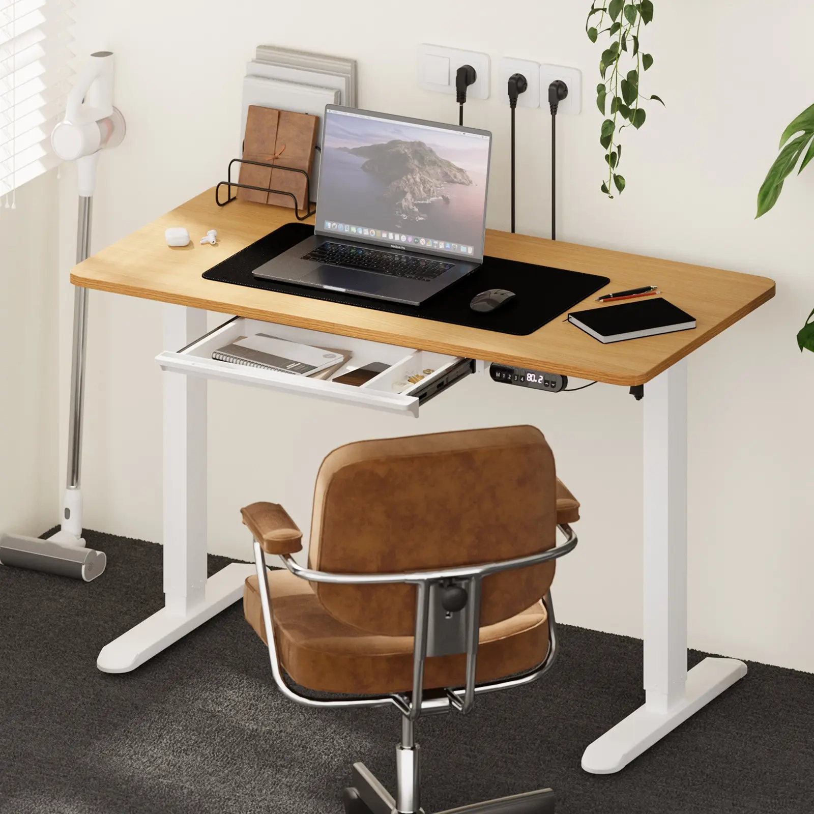Oikiture 120cm Electric Standing Desk with Drawer Height Adjustable Sit Stand Table White & Oak - Save up to 70% Off Office Furniture Specials
