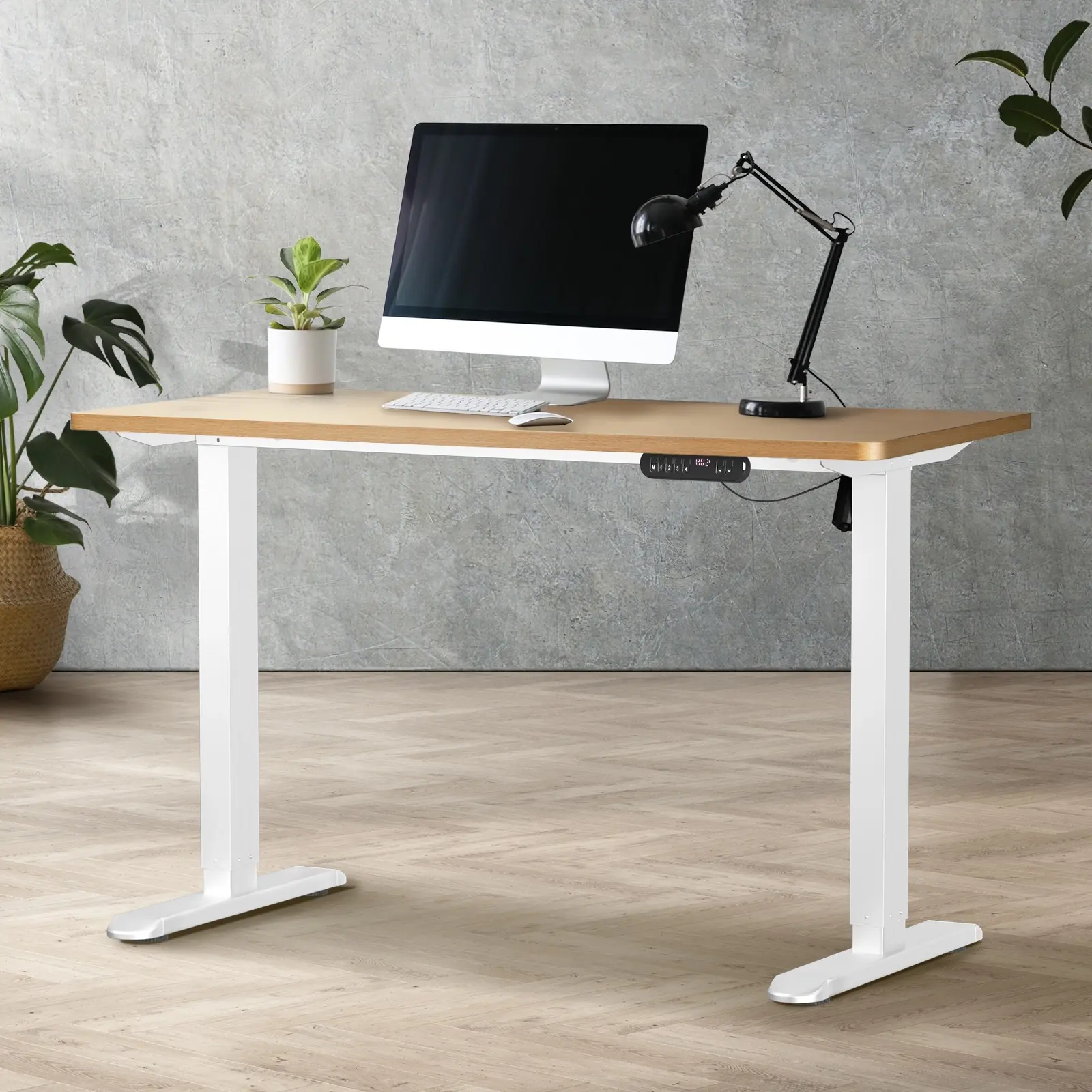 Oikiture 120CM Electric Standing Desk Single Motor White Frame OAK Tabletop - Save up to 70% Off Office Furniture Specials
