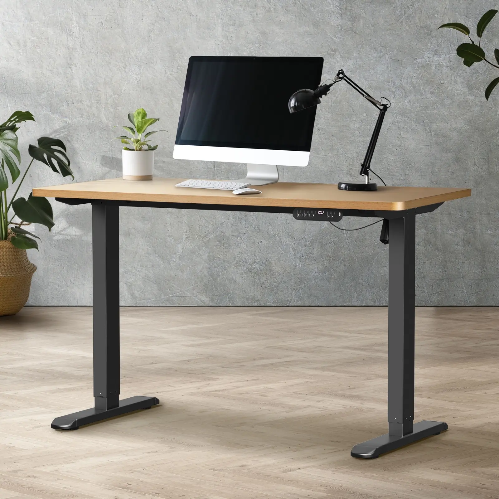 Oikiture Electric Standing Desk Single Motor Black Frame 140CM OAK Tabletop - Furniture