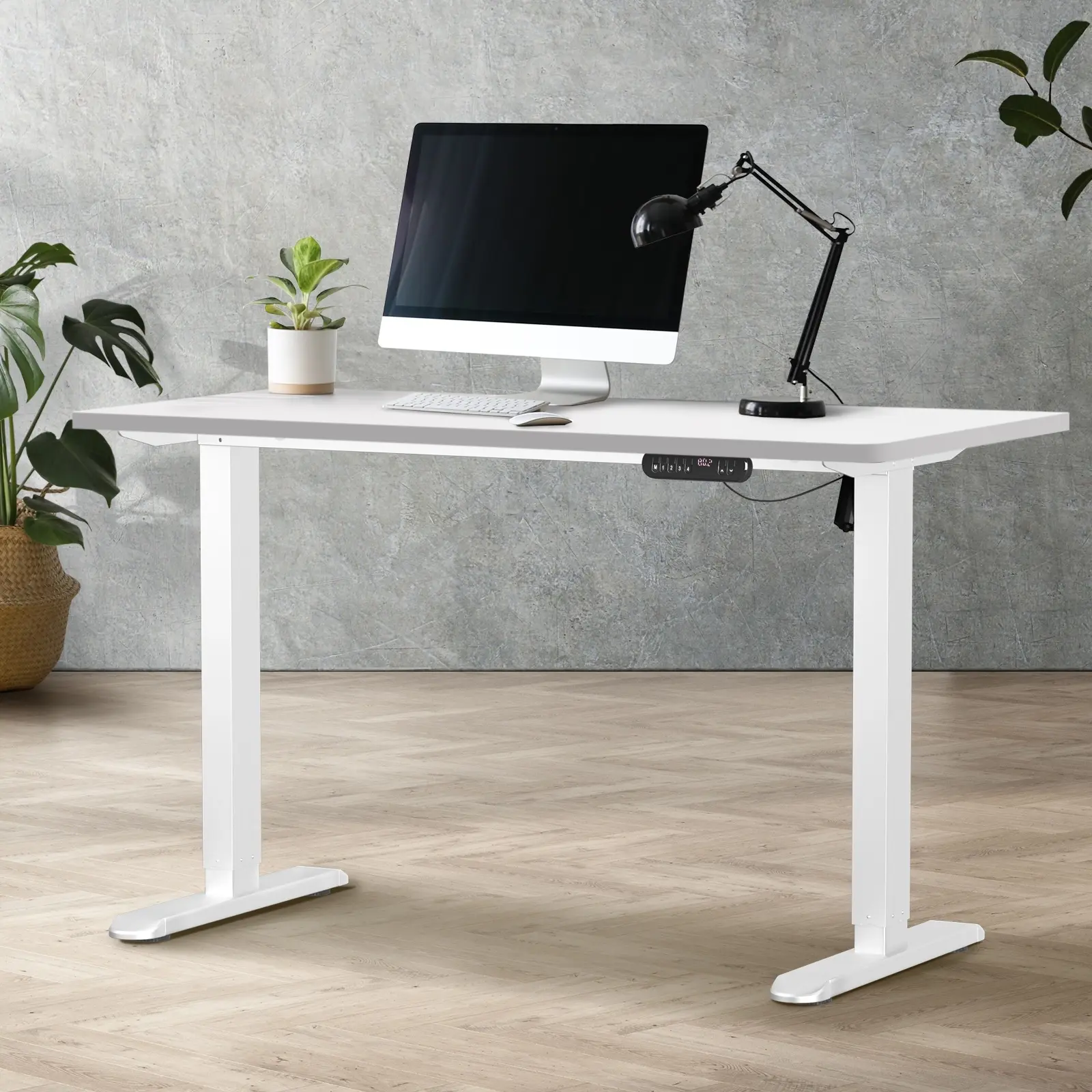 Oikiture Electric Standing Desk Single Motor White Frame 140CM White Tabletop - Furniture