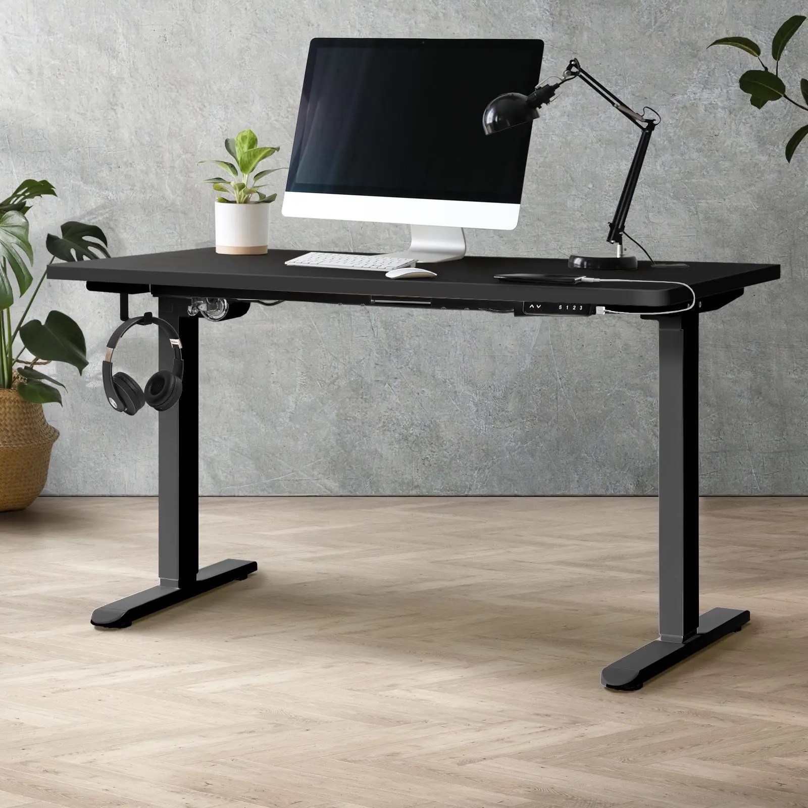 Oikiture 140CM Electric Standing Desk Single Motor Black Frame Black Desktop With USB&Type C Port - Furniture
