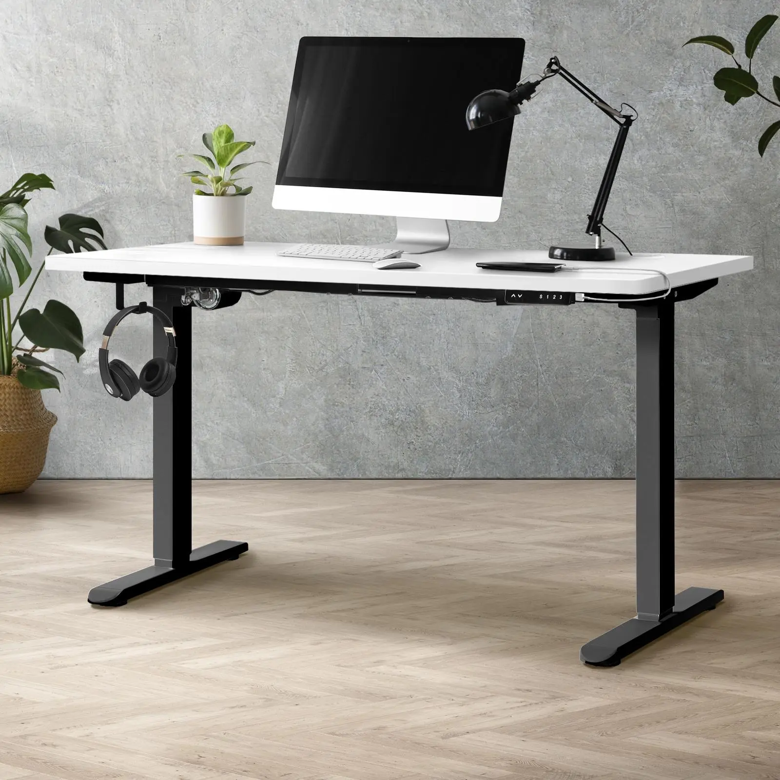 Oikiture 140CM Electric Standing Desk Single Motor Black Frame White Desktop With USB&Type C Port - Furniture