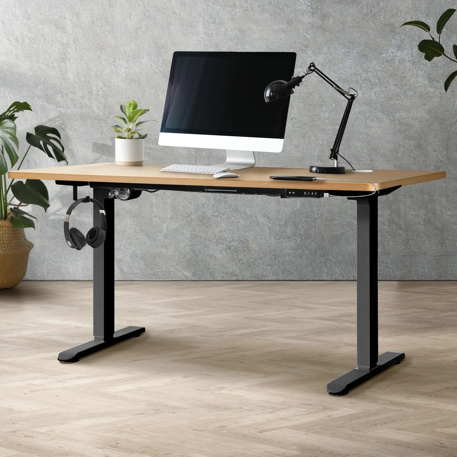 Oikiture 150CM Electric Standing Desk Single Motor Black Frame OAK Desktop With USB&Type C Port - Furniture