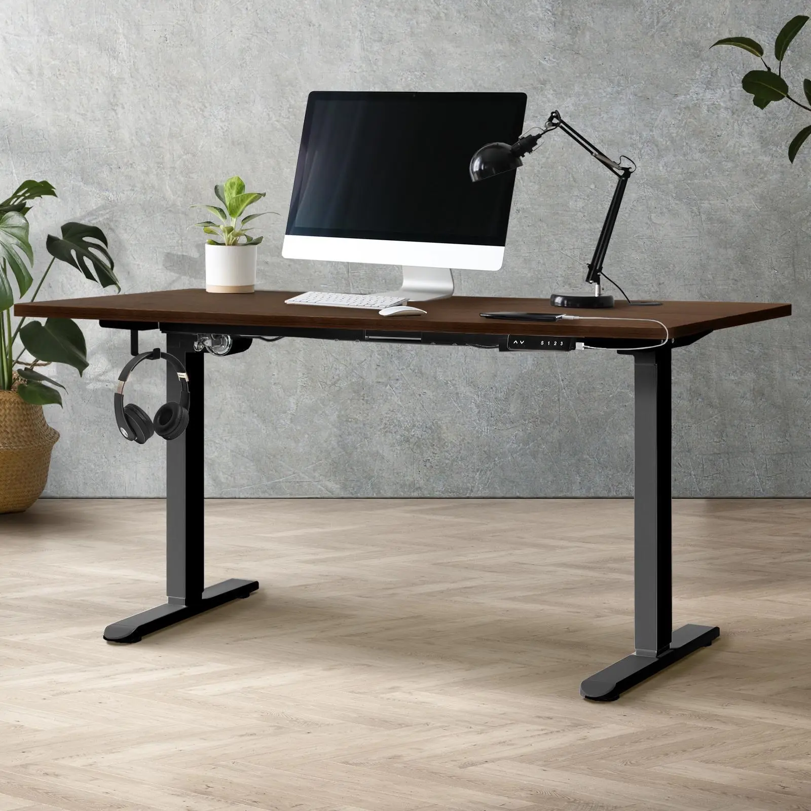 Oikiture 150CM Electric Standing Desk Single Motor Black Frame Walnut Desktop With USB&Type C Port - Furniture