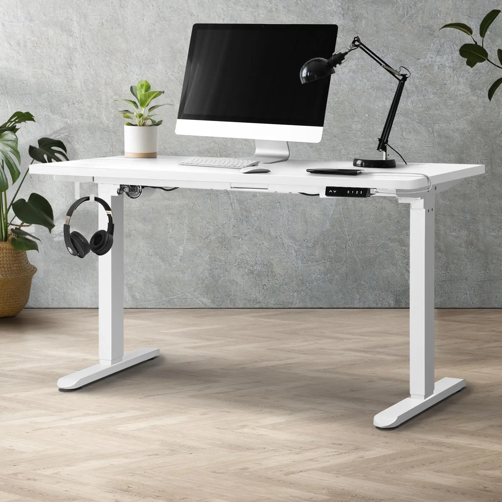 Oikiture 120cm Electric Standing Desk Single Motor White Desktop With USB&Type C Port - Furniture