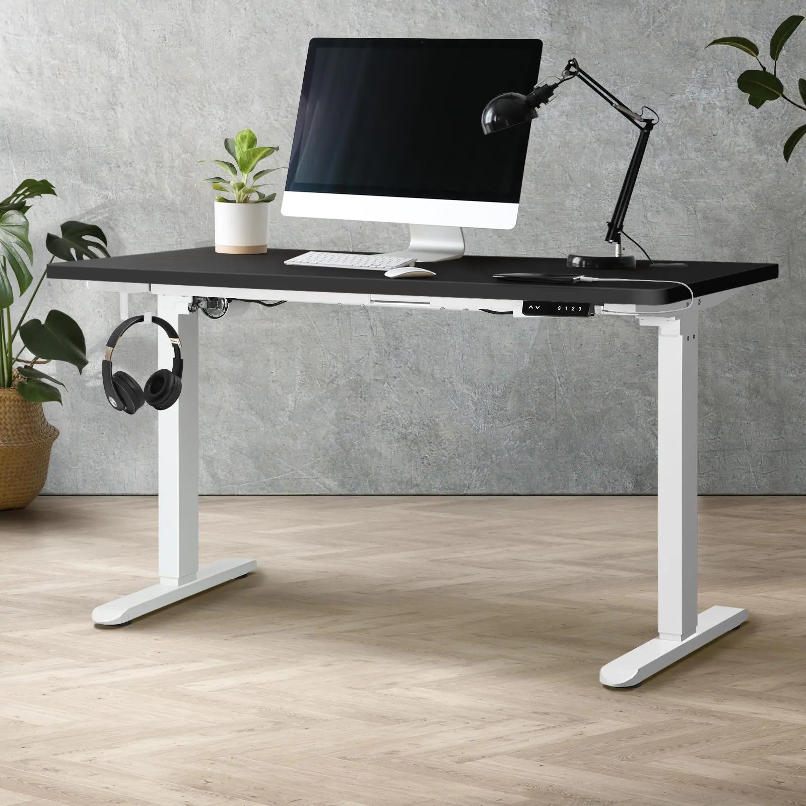 Oikiture 140cm Electric Standing Desk Single Motor Black Desktop With USB&Type C Port - Furniture