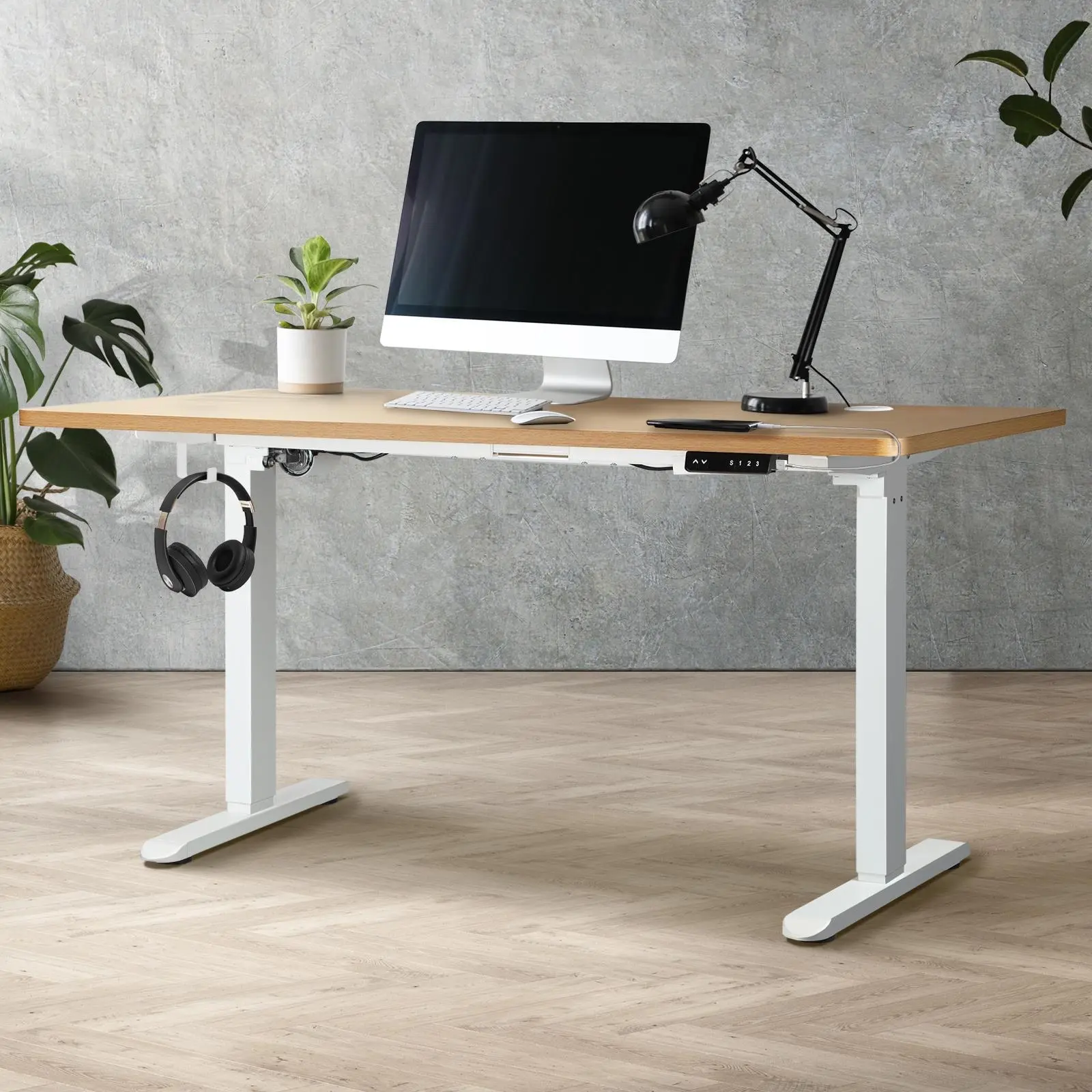 Oikiture 150CM Electric Standing Desk Single Motor White Frame OAK Desktop With USB&Type C Port - Furniture