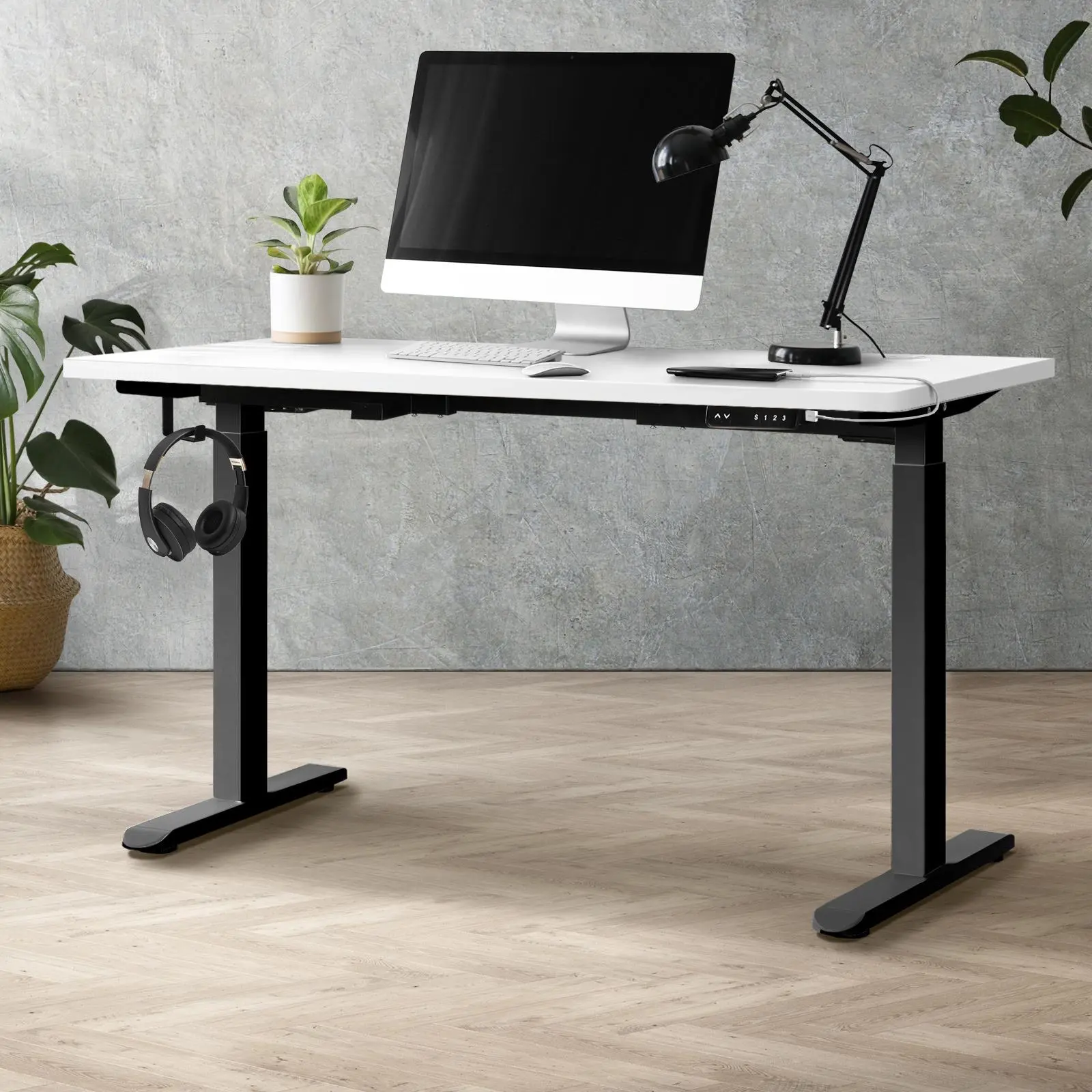Oikiture 140cm Electric Standing Desk Dual Motor Black Frame White Desktop With USB&Type C Port - Furniture