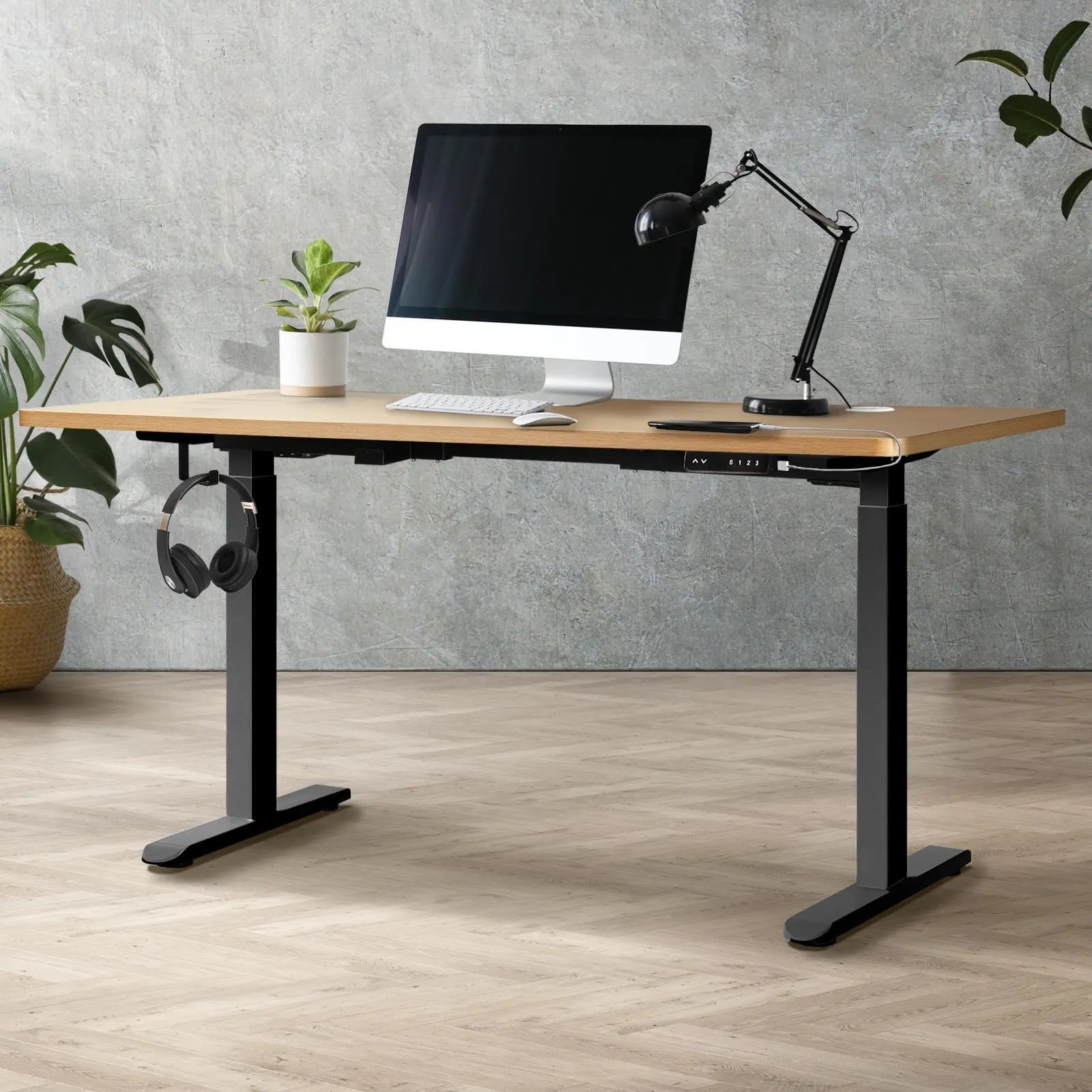 Oikiture 150cm Electric Standing Desk Dual Motor Black Frame OAK Desktop With USB&Type C Port - Furniture
