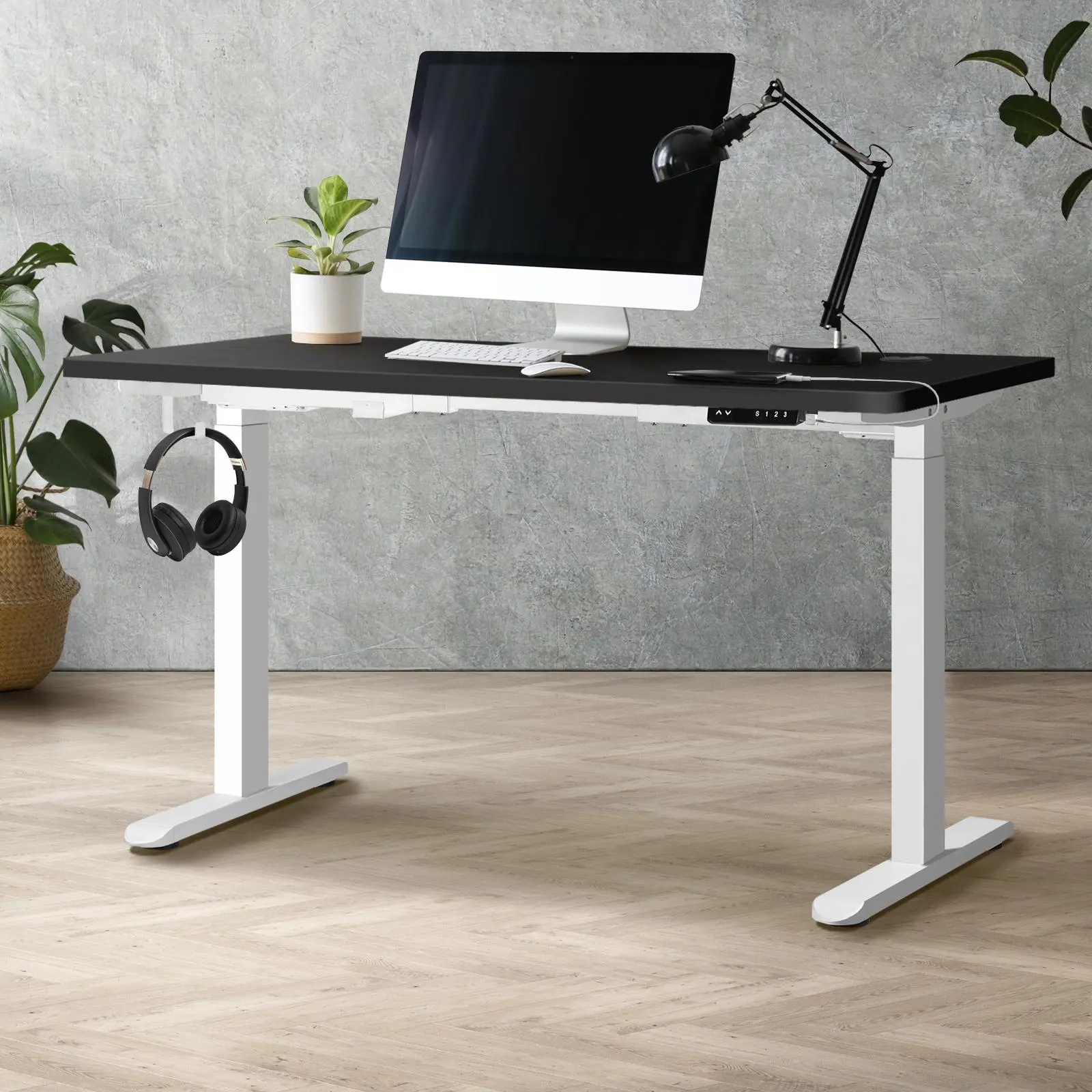 Oikiture 140cm Electric Standing Desk Dual Motor White Frame Black Desktop With USB&Type C Port - Furniture