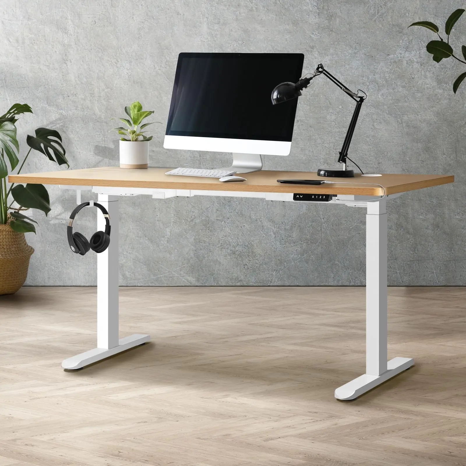 Oikiture 140cm Electric Standing Desk Dual Motor White Frame OAK Desktop With USB&Type C Port - Furniture
