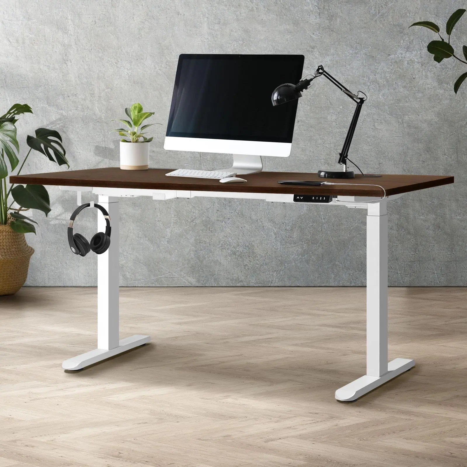 Oikiture 140cm Electric Standing Desk Dual Motor White Frame Walnut Desktop With USB&Type C Port - Furniture