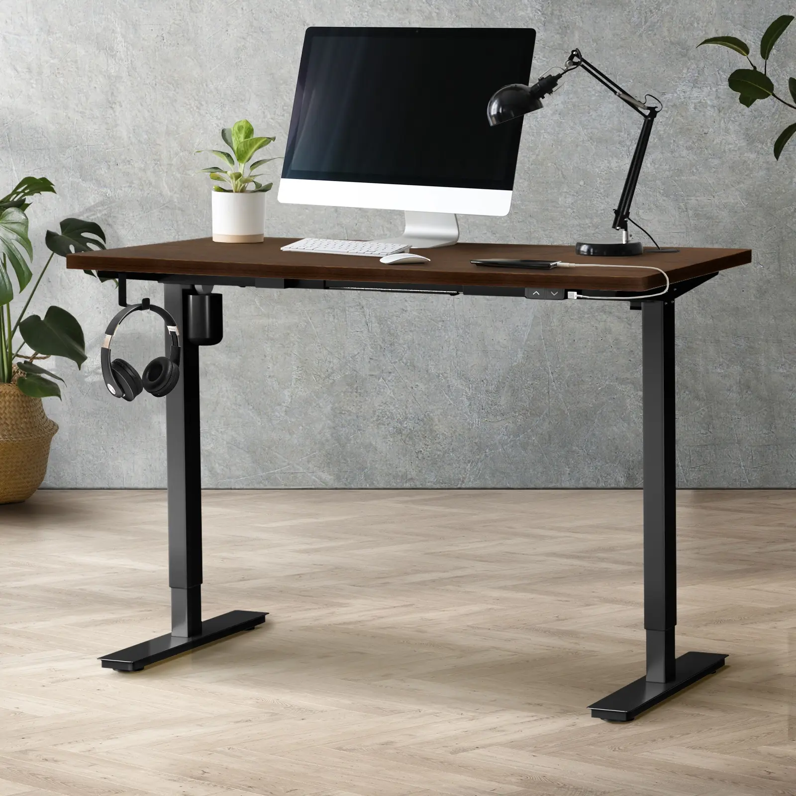 Oikiture 140cm Electric Standing Desk Single Motor Black Frame Walnut Desktop - Furniture