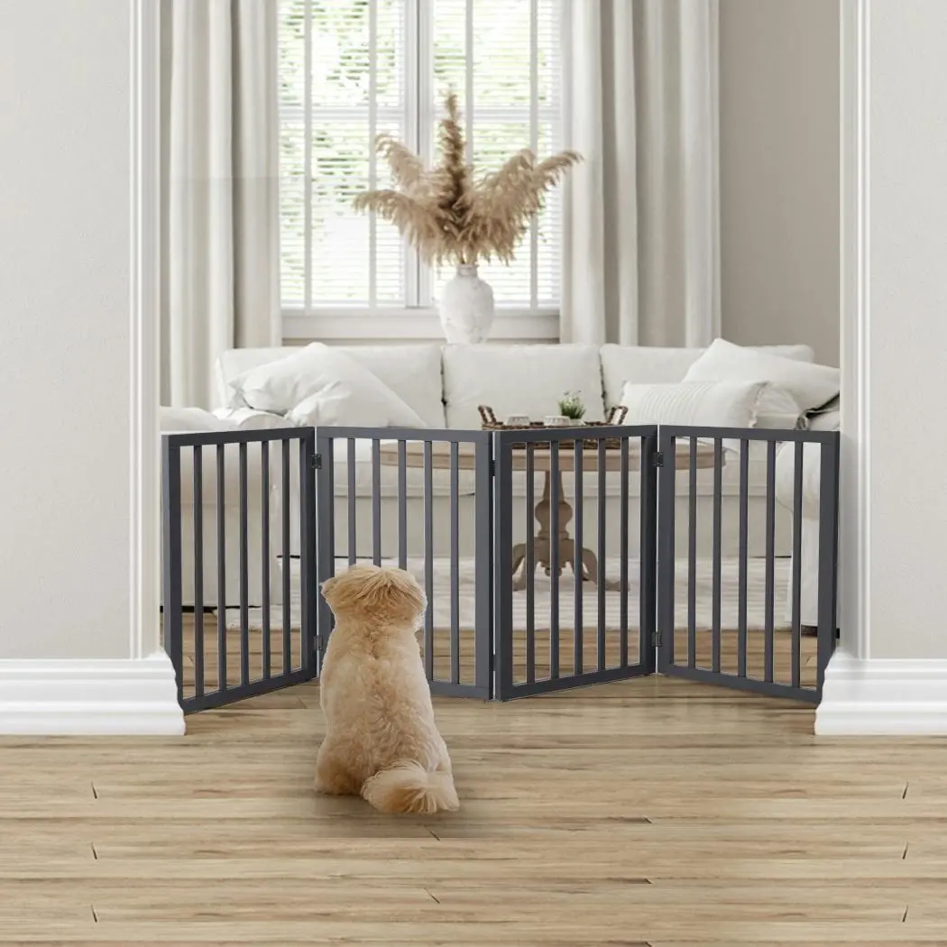 Wooden Pet Gate Dog Fence Retractable Barrier Portable Door 4 Panel Grey - Pets
