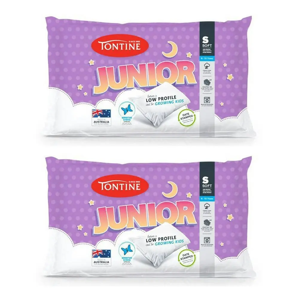 2x Tontine 46x72cm Junior 6-10yrs Children Soft Cotton Pillow Low Profile WHT