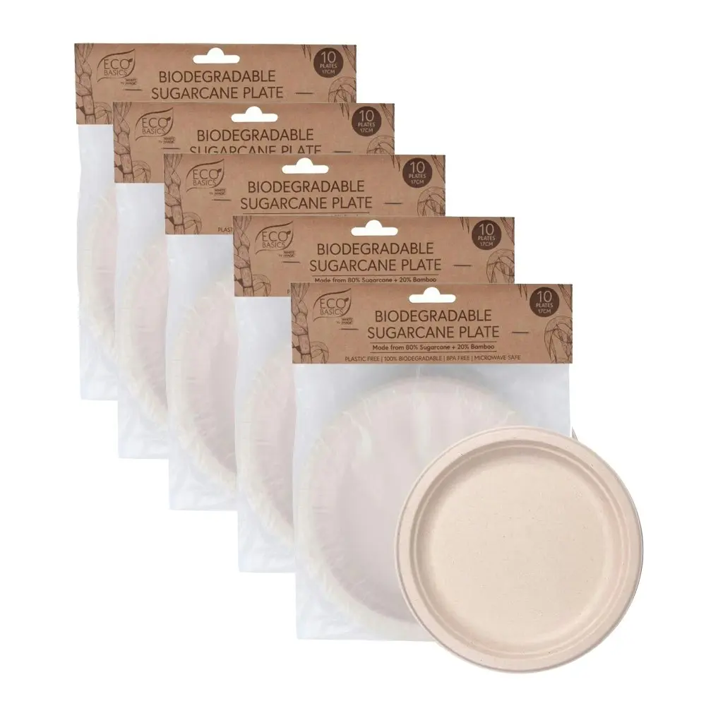 5x 10pc Eco Basic 17cm Biodegradable Sugarcane Dining Round Plate Picnic/Party - Hobbies