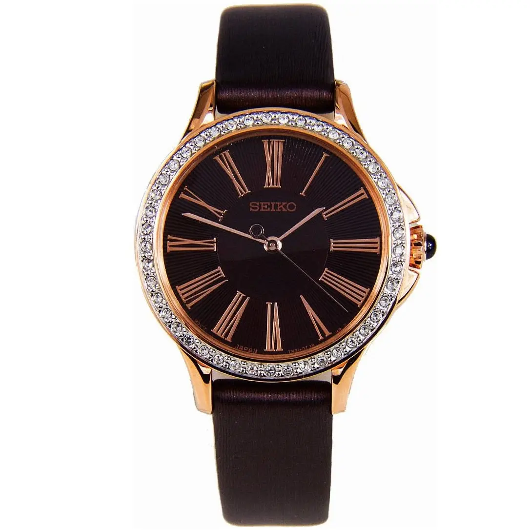 Seiko Swarovski Gold/Brown Dial Leather Strap Women's Analog Watch SRZ446P1 - Up to 75% off Designer Watches