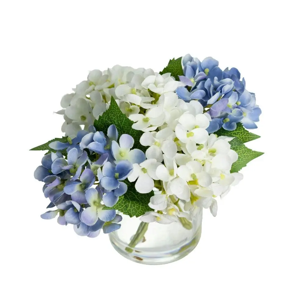 Glamorous Fusion Blue & White Hydrangea Artificial Fake Plant Decorative Mixed Arragement 18cm In Glass - Home & Garden