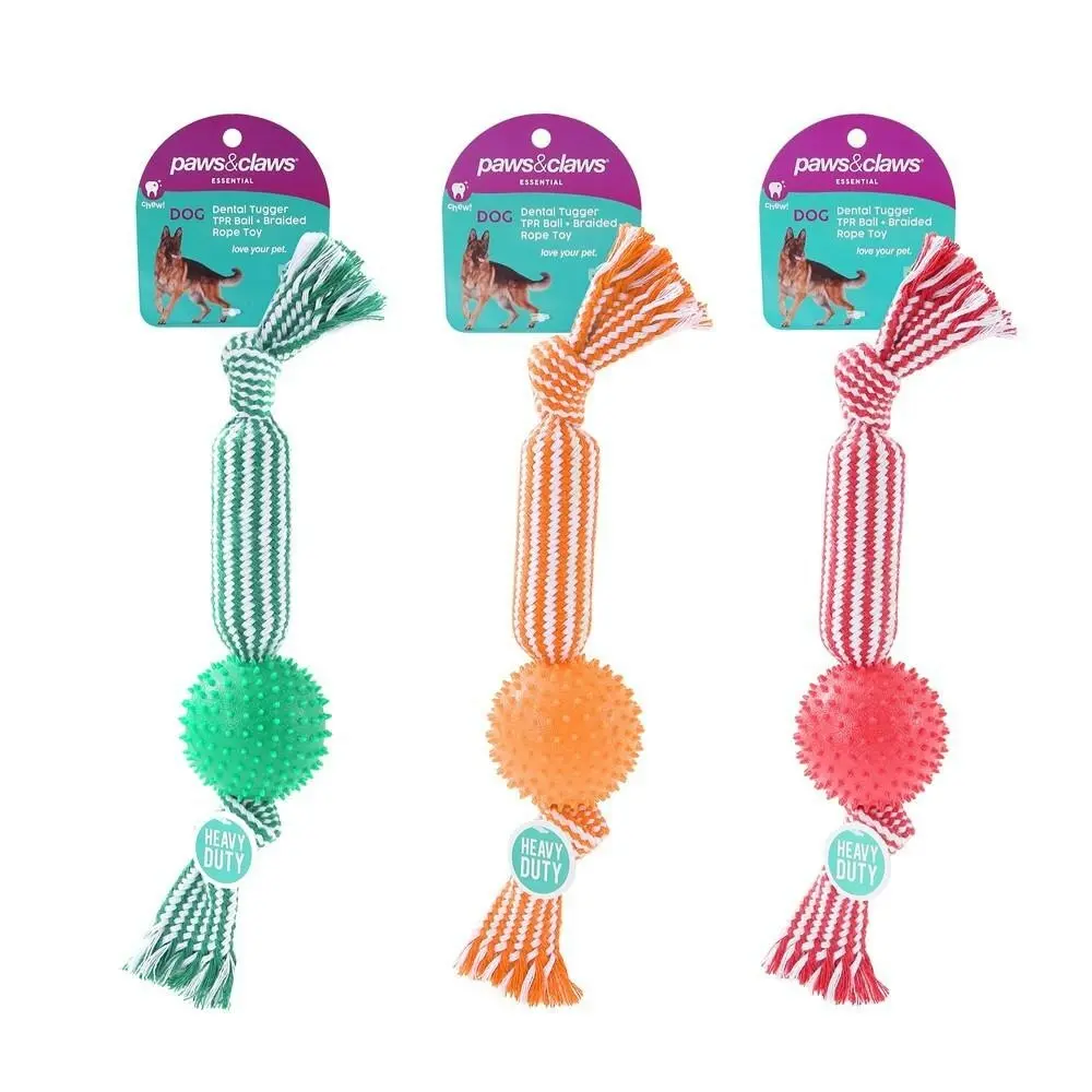 3x Paws & Claws 37cm Dental Tugger Dog/Pet Toy TPR Ball + Braided Rope Assorted - Pets