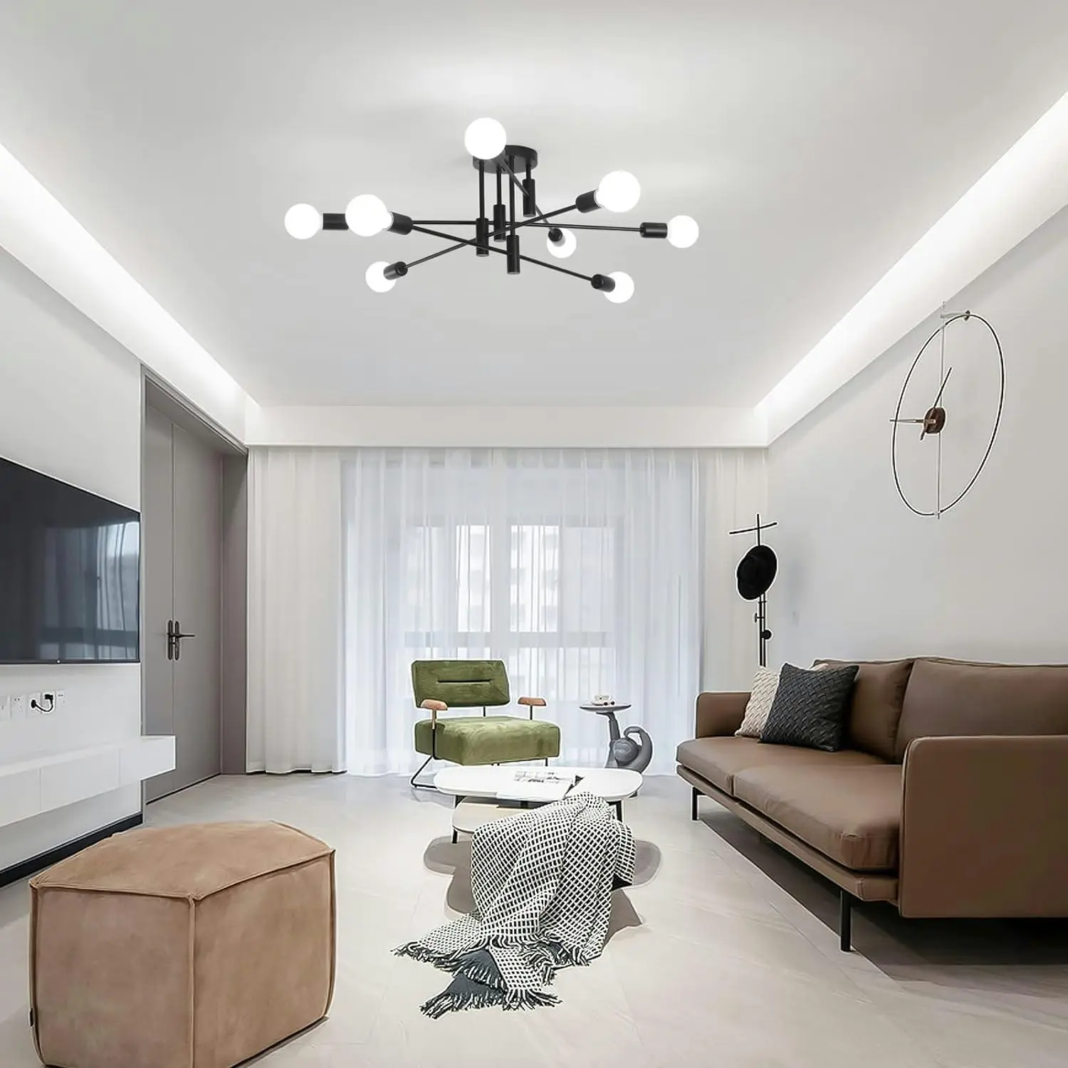 Modern Semi Flush Chandelier, 8 Light, Black - Home & Garden