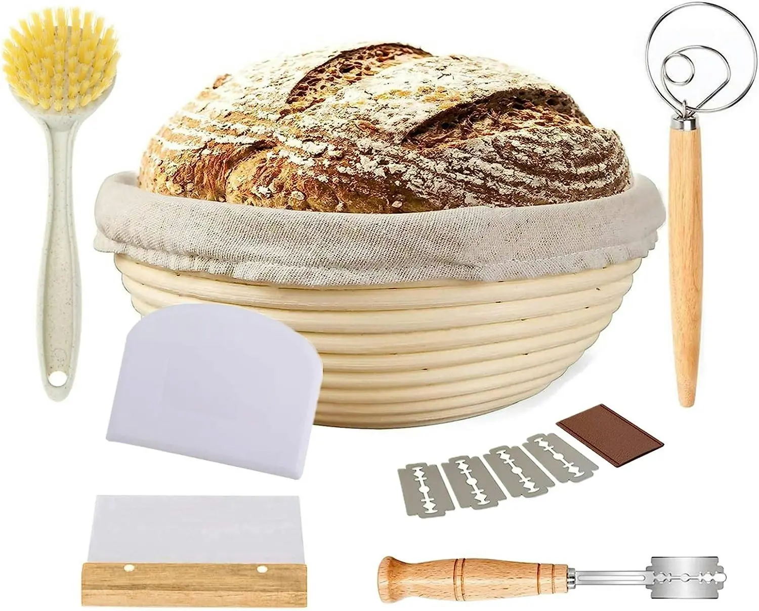 Bread Proofing Basket Kit: Basket, Lame, Scraper, Liner, Whisk, Bag, 23 cm - Home & Garden