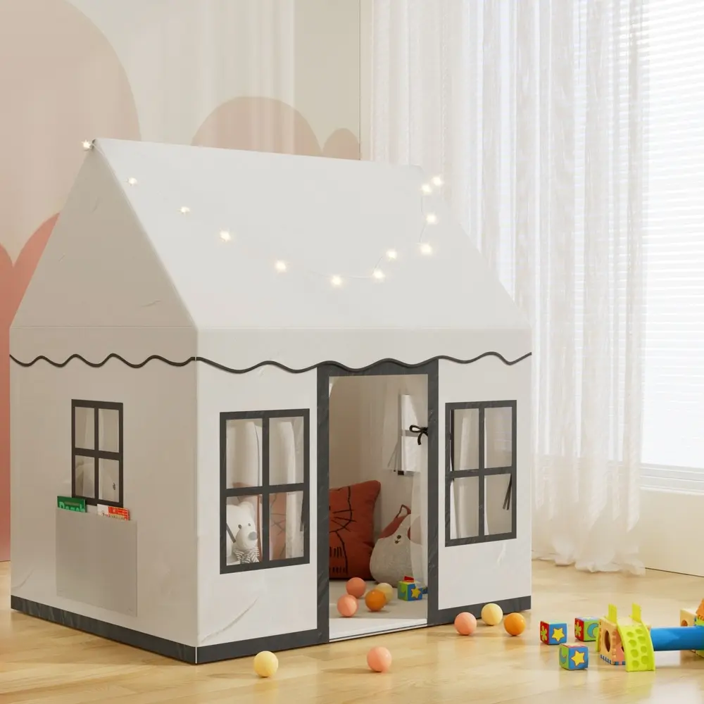 Keezi Kids Play Tent Playhouse Castle with String Lights Floor Mat Side Pocket - Toys & Games