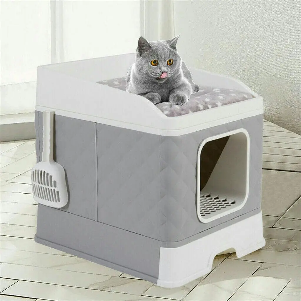 Foldable Cat Litter Box Enclosure Cabinet with Cushion and Mat for Medium to Large Cats - Pets