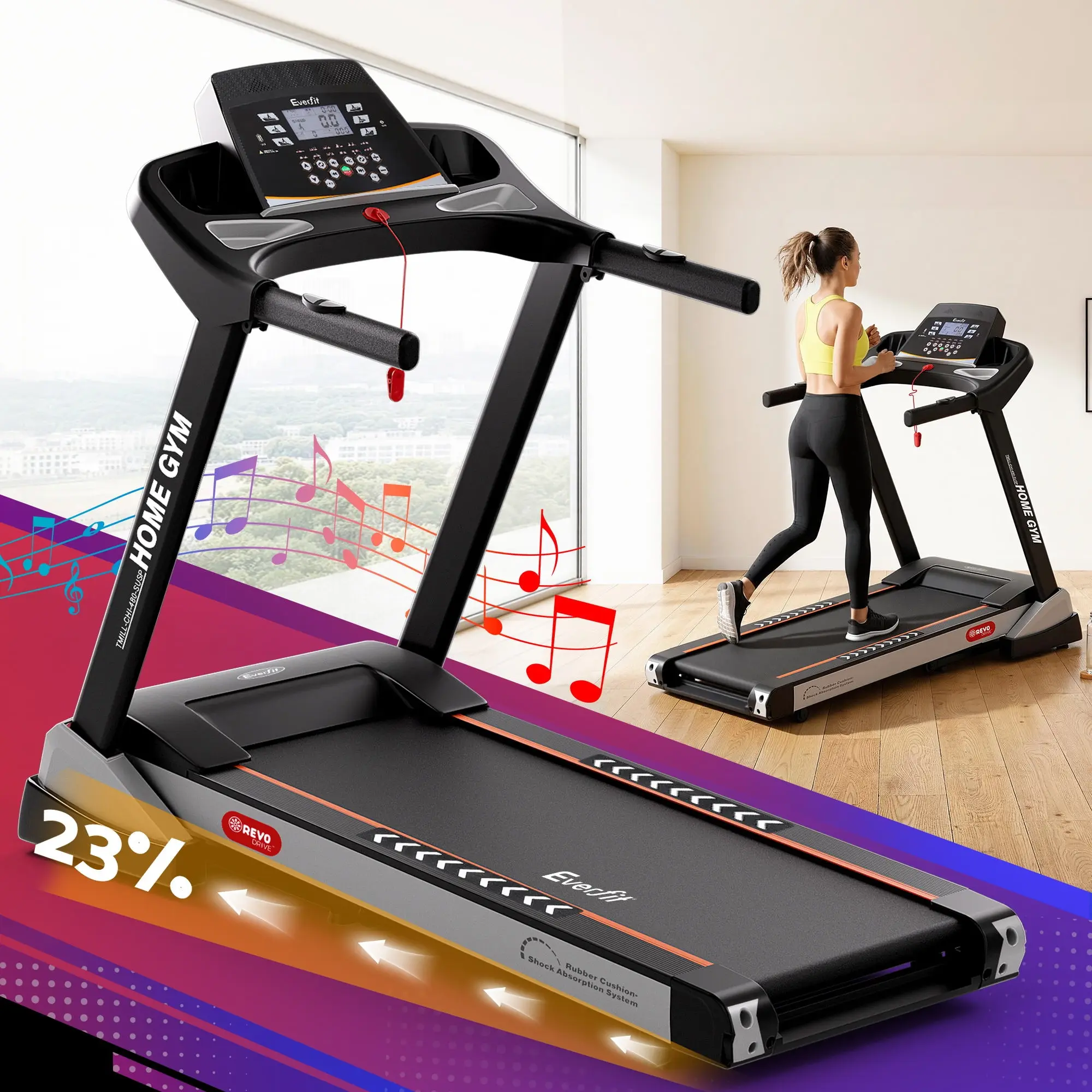 Everfit Treadmill Electric Auto Incline Spring Home Gym Fitness Exercise 480mm - Sports & Outdoor