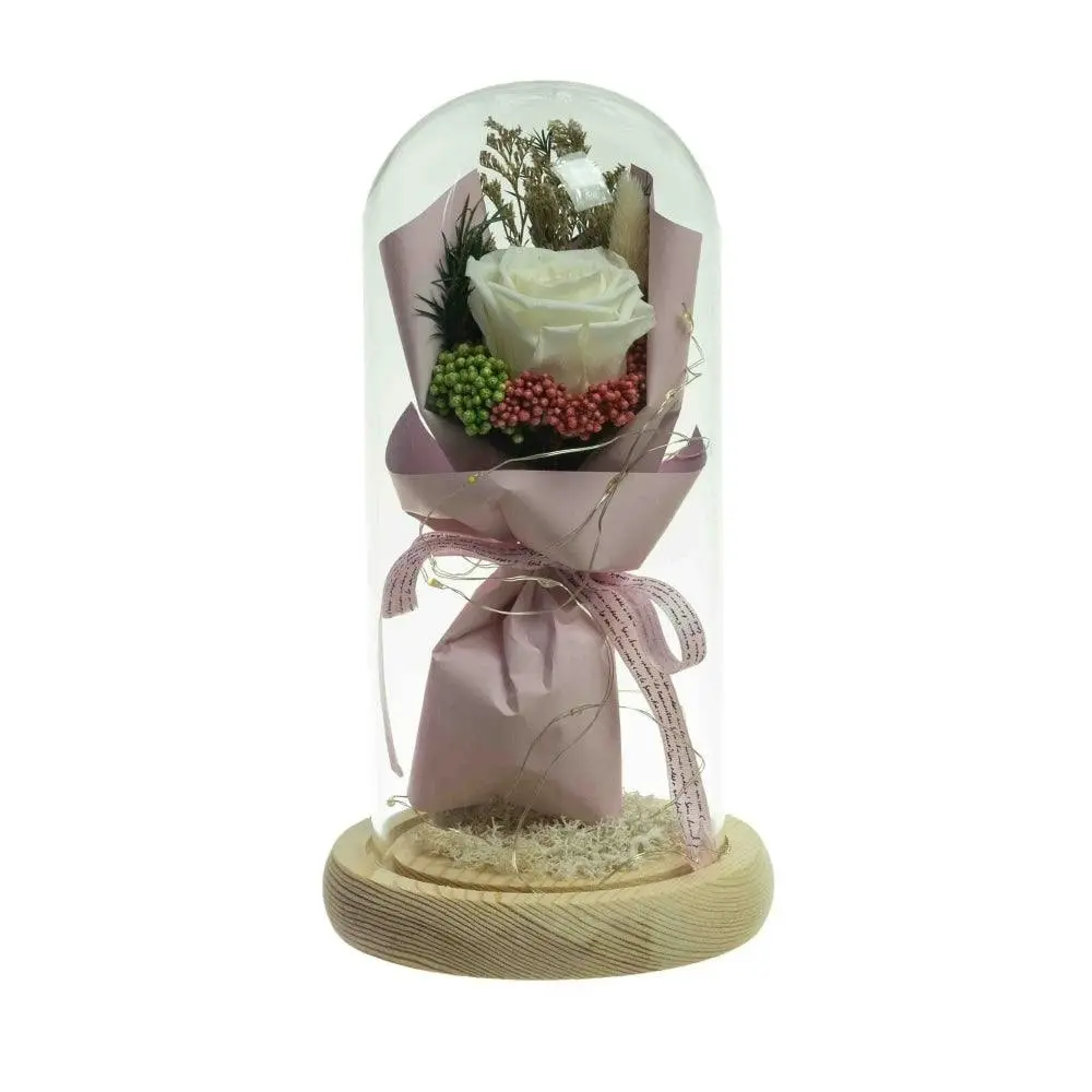 Glamorous Fusion Cream Floral Artificial Fake Plant Decorative 21cm In Glass Dome - Home & Garden