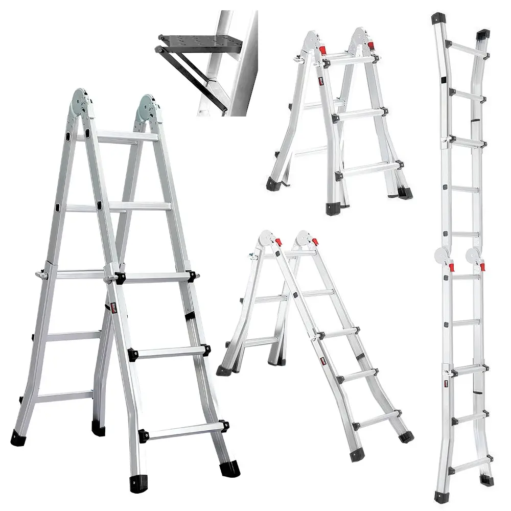 Bullet 2.9m Folding Aluminium Multipurpose Ladder, w/ Workshelf Platform, Spring Assisted Rapid Safety Lock Adjusters - Hardware