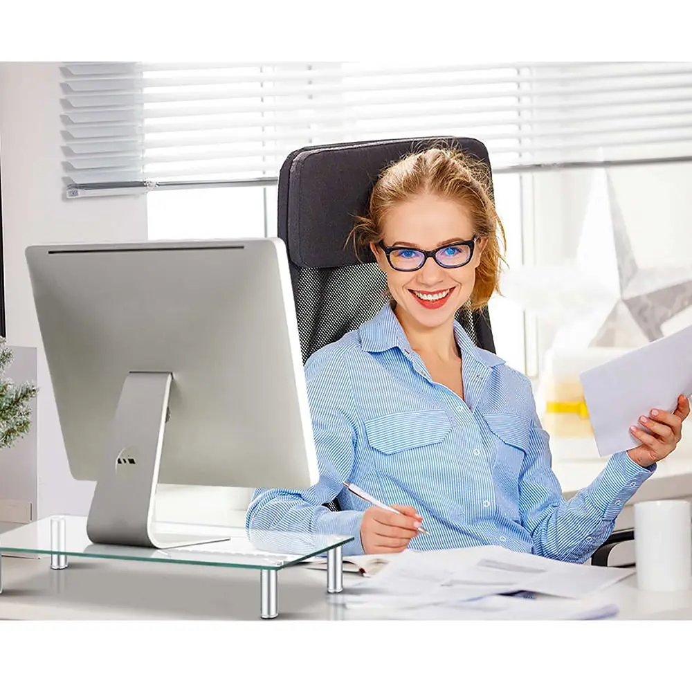 Artiss Monitor Stand Riser with Height Adjustable Computer Laptop Printer Screen Glass Display Shelf - Furniture