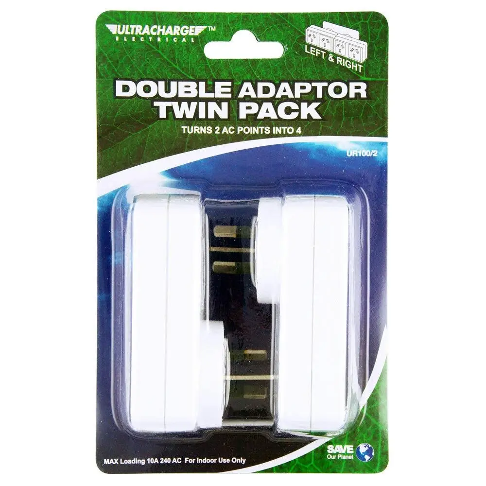 UltraCharge Double AC Adaptor Twin Left & Right 4 Outlets Plug Extender White - Electronics