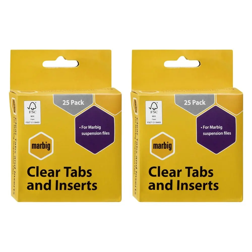 2x 25pc Marbig Suspension File Tabs & Inserts Filling Document Indices Set Clear - Office