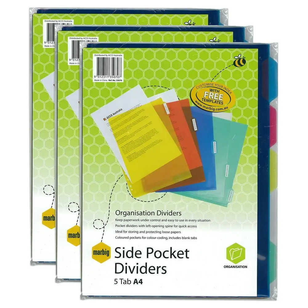 3x Marbig PP 5 Tab A4 Side Pocket Dividers/Paper File/Filing Organiser Assorted - Office
