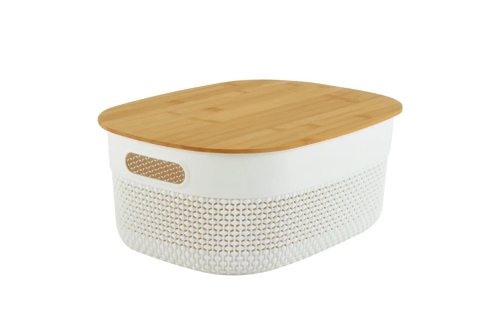 Home Expression 38x29cm Oval Plastic Basket w/ Bamboo Lid Home Organiser White - Home & Garden