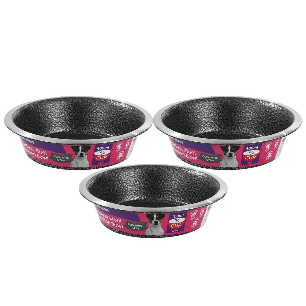 3x Paws & Claws Pet/Dog 14cm/400ml Stainless Steel Bowl/Feeder Speckled Gunmetal - Pets