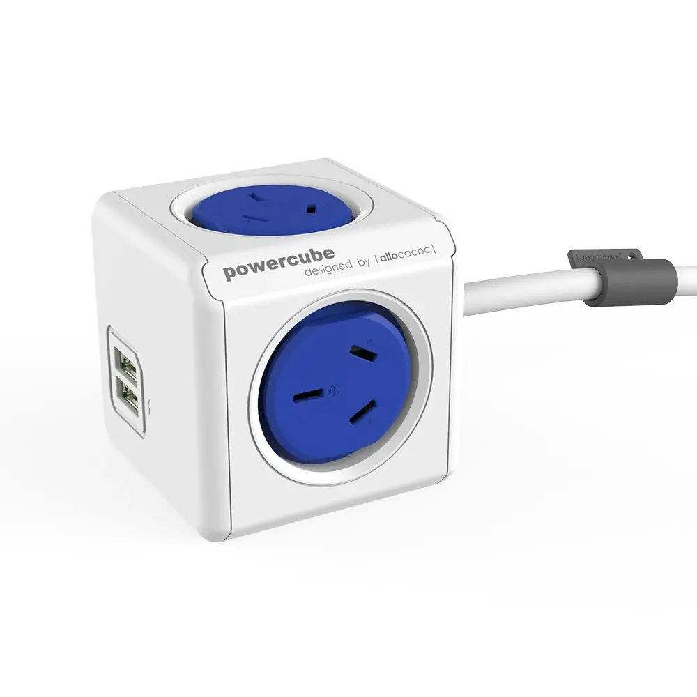 Blue PowerCube 4 Socket Mountable Power Board/1.5m Cord/2 USB Charger/240v 2400w - Electronics