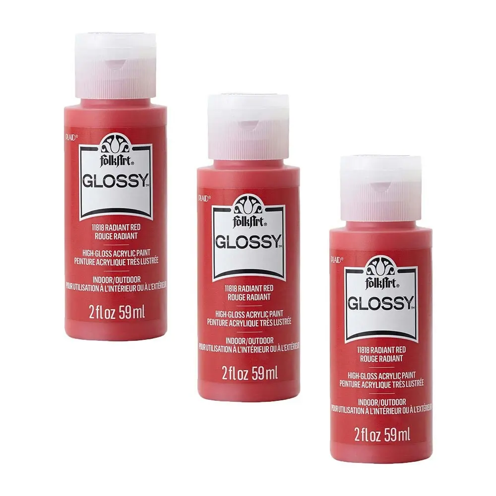3x Plaid FolkArt Premium 59ml Acrylic Art Paint Radiant Red Glossy Shine Finish - Hobbies