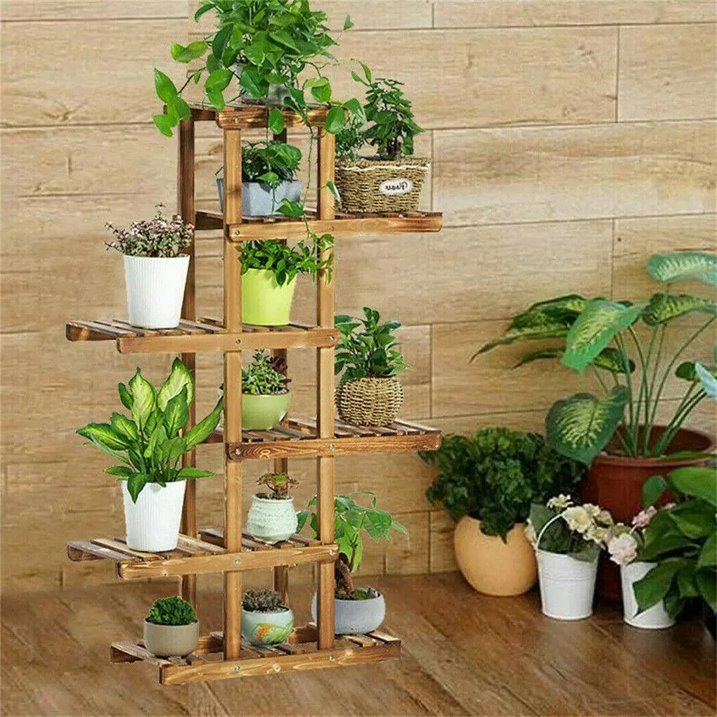 Fin Xxl Carbonized Wood Plant Stand 11 Pots Bonsai Display Shelf Flower Rack Corner - Home & Garden