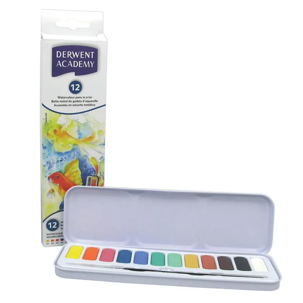 12pc Derwent Academy Watercolour Pan Set Craft/Art Paint Palette Colour Kit - Hobbies