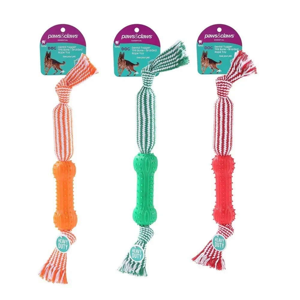 3x Paws & Claws 43cm Dental Tugger Dog/Pet Toy TPR Bone + Braided Rope Assorted - Pets