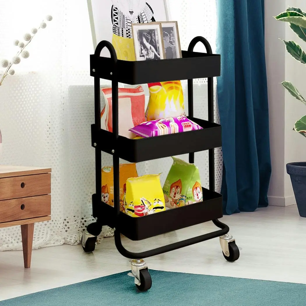 Levede 3 Tiers Kitchen Trolley Cart Steel Storage Rack Shelf Organiser Black - Home & Garden